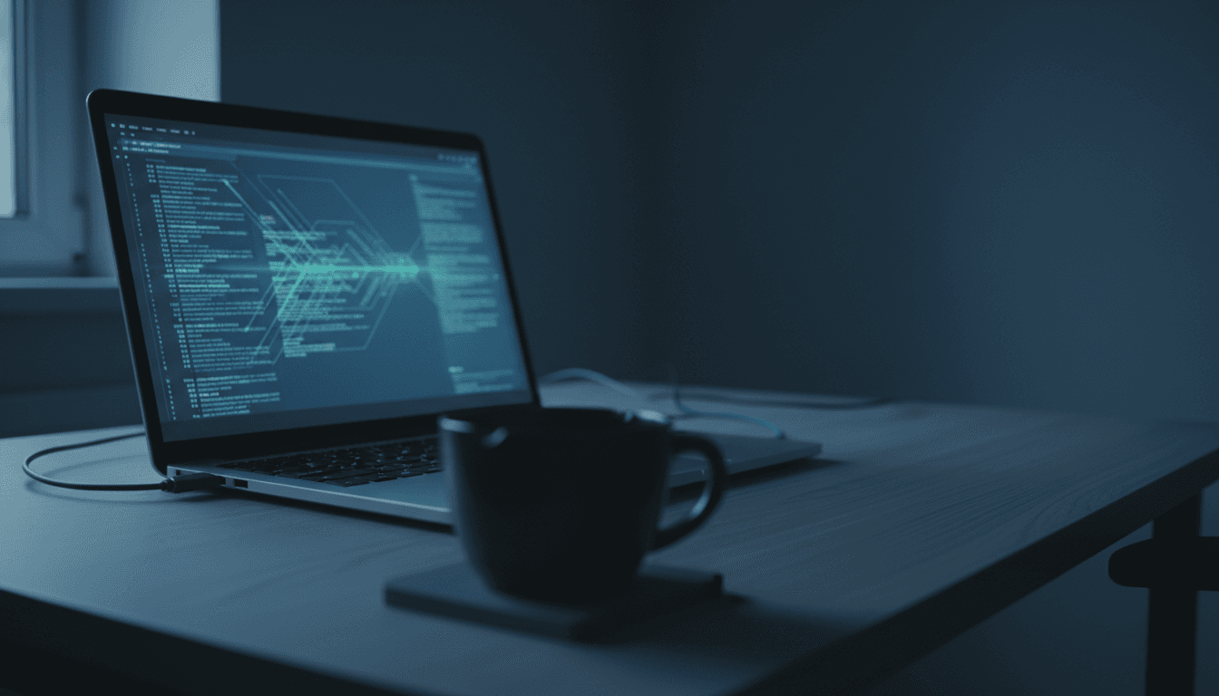 Laptop screen with blurred security logs open, coffee mug in foreground
