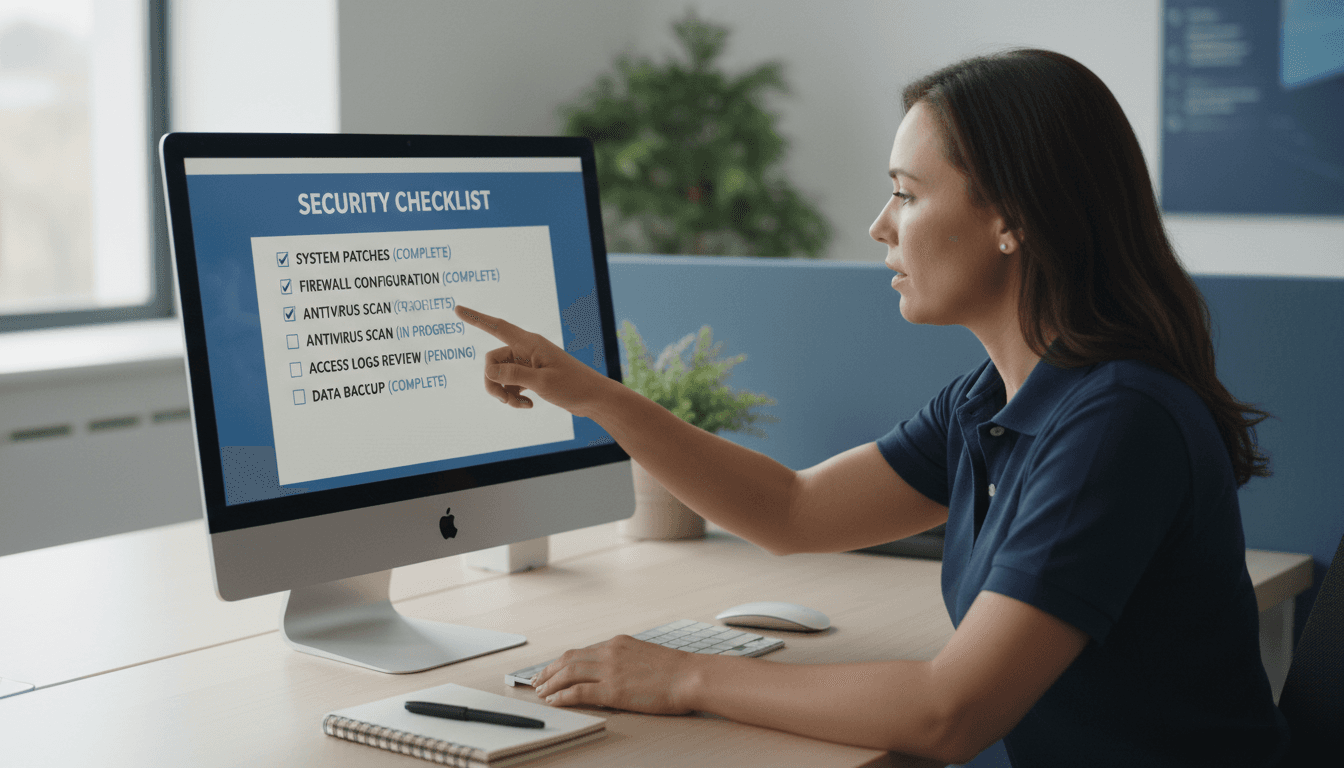 Security professional gesturing at monitor showing security checklist on desk
