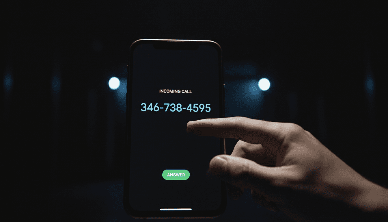 Smartphone displaying a call interface with 346-738-4595 visible, hand reaching to answer