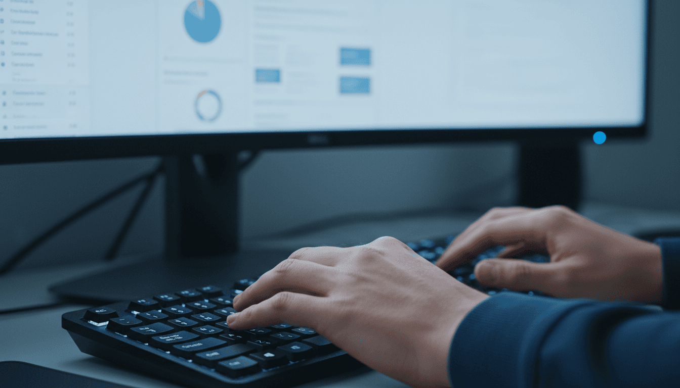 Hands typing on keyboard with Microsoft 365 admin interface visible on monitor